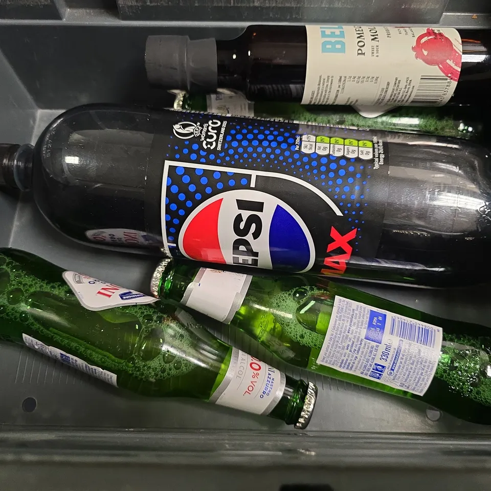 APPROXIMATELY 8 ASSORTED DRINKS ITEMS TO INCLUDE - PERONI 0.0% , PEPSI MAX , SIMPLY SALTED CARAMEL SYRUP ETC