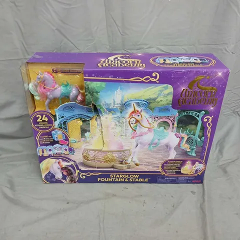 UNICORN ACADEMY STARGLOW FOUNTAIN & STABLE PLAYSET – BOXED (24 ACCESSORIES)