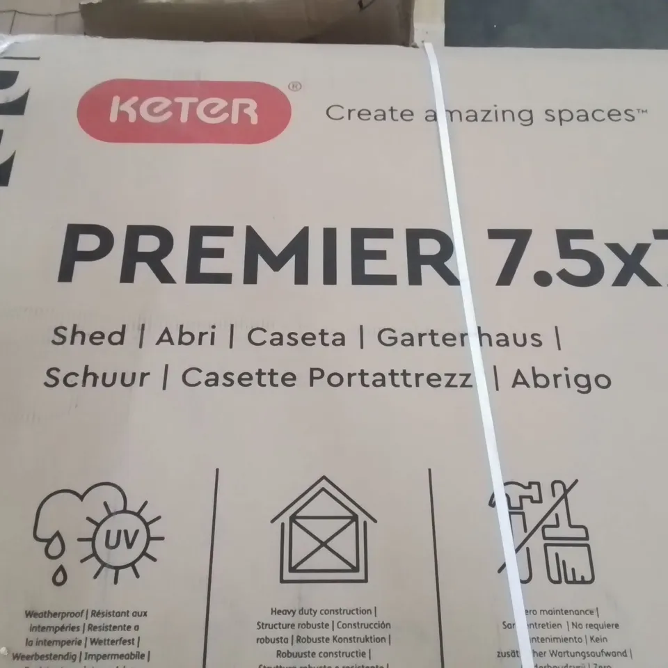 BOXED KETER PREMIER 7.5FT  X 7FT APEX OUTDOOR GARDEN SHED (2 BOXES)