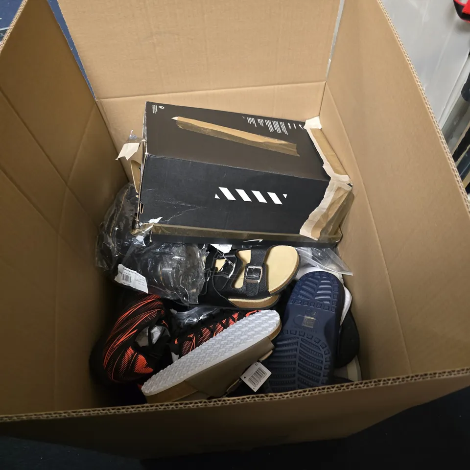 BOX OF APPROXIMATELY 15 PAIRS OF ASSORTED SHOES IN VARIOUS COLOUR, STYLES AND SIZES