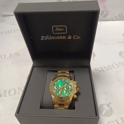MENS ZIHLMANN & CO Z400 WATCH – CHRONOGRAPH MOVEMENT – GOLD COLOUR STAINLESS STEEL STRAP – GREEN DIAL – 3ATM WATER RESISTANT – 