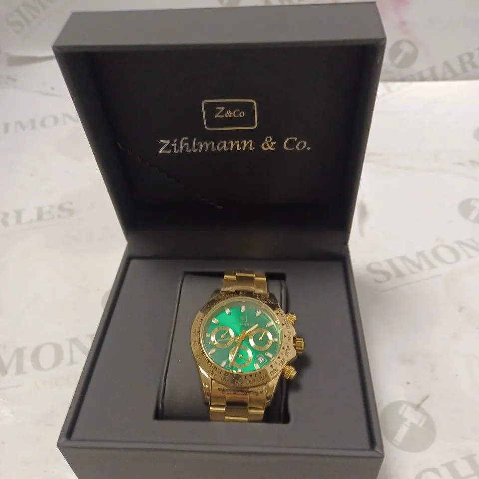 MENS ZIHLMANN & CO Z400 WATCH – CHRONOGRAPH MOVEMENT – GOLD COLOUR STAINLESS STEEL STRAP – GREEN DIAL – 3ATM WATER RESISTANT – 
