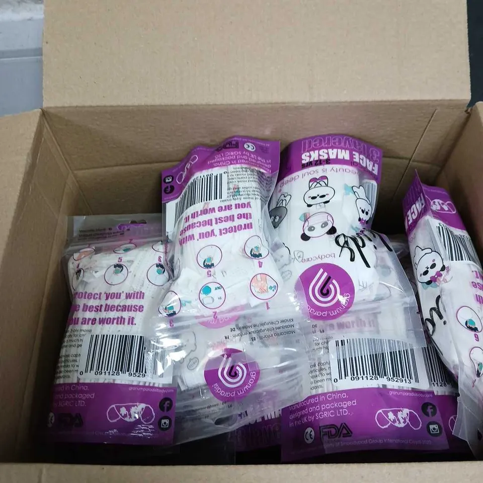 BOX OF APPROXIMATELY 20 PACKS OF KIDS FACE MASKS - WHITE PANDAS - AGE 3-12 YEARS