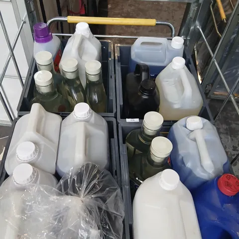 LARGE QUANTITY OF ASSORTED OVERSIZED LIQUIDS TO INCLUDE; ECO VER, ALOR, DE-ICER, MINIMAL HAND WASH AND FUNEP HARDENER