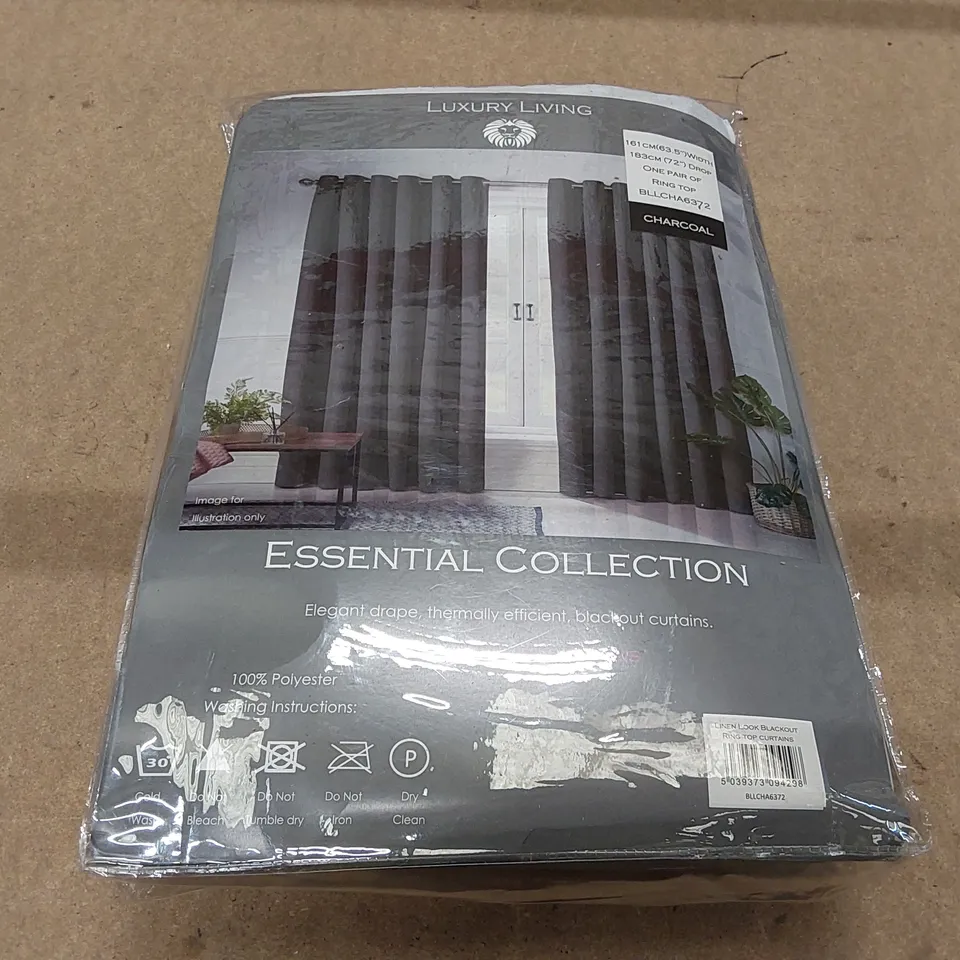 BAGGED MIRTO BLACKOUT LINEN LOOK RING TOP LUXURY UNLINED CURTAINS // CHARCOAL 161CM WIDTH, 183CM DROP (1 ITEM)