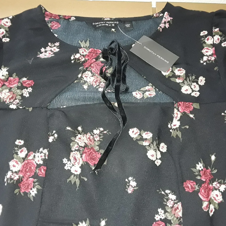 DOROTHY PERKINS BLACK DITSY FLORAL BOW MINI DRESS - 18