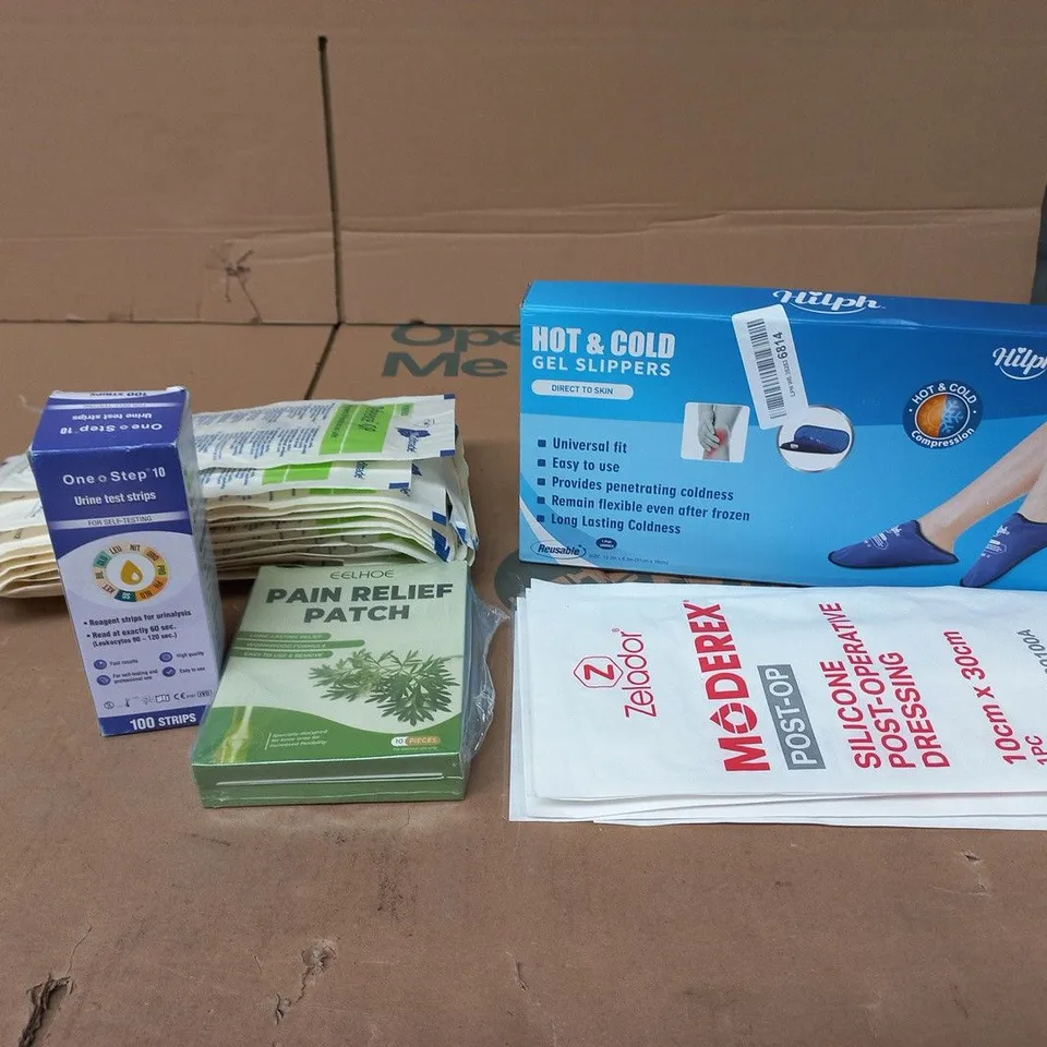 TOTE OF APPROXIMATELY 25 ASSORTED ITEMS TO INCLUDE HOT AND COLD GEL SLIPPERS, EELHOE PAIN RELIEF PATCHES ETC