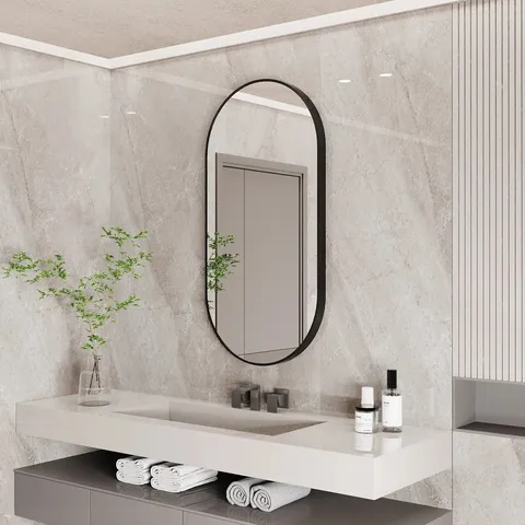BOXED LIEL OVAL METAL FRAMED WALL MOUNTED BATHROOM MIRROR IN BLACK (1 BOX)