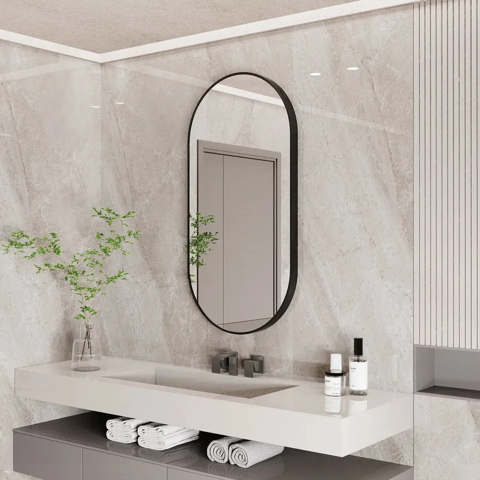 BOXED LIEL OVAL METAL FRAMED WALL MOUNTED BATHROOM MIRROR IN BLACK (1 BOX)