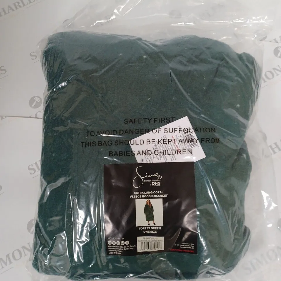 OHS EXTRA LONG CORAL FLEECE HOODIE BLANKET IN FOREST GREEN