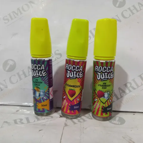BOX OF APPROXIMATELY 50 ASSORTED ROCCA JUICE 50ML BOTTLES IN VARIOUS FLAVOURS TO INCLUDE STRAWBERRY, ICY BLUEBERRY LEMON, ICY STRAWBERRY KIWI, ETC