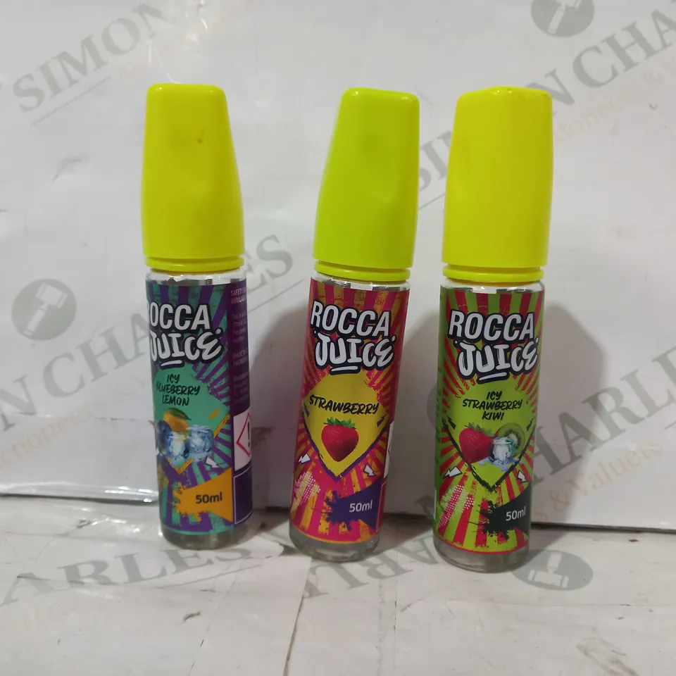 BOX OF APPROXIMATELY 50 ASSORTED ROCCA JUICE 50ML BOTTLES IN VARIOUS FLAVOURS TO INCLUDE STRAWBERRY, ICY BLUEBERRY LEMON, ICY STRAWBERRY KIWI, ETC