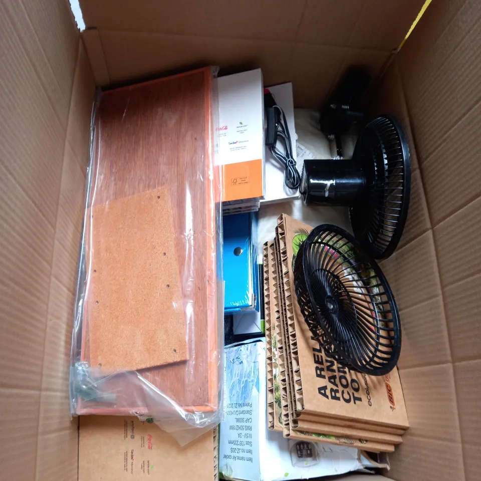 BOX OF APROXIMATELY 12 ASSORTED HOUSEHOLD ITEMS TO INCLUDE BIC PENS , FANS , MEDIUM STORAGE BOX 
