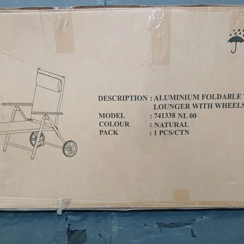 ALUMINIUM FOLDABLE TEXTILENE LOUNGER WITH WHEELS - NATURAL - COLLECTION ONLY 