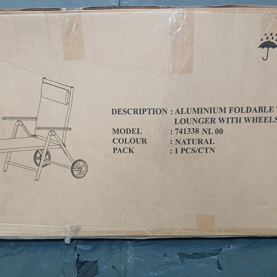 ALUMINIUM FOLDABLE TEXTILENE LOUNGER WITH WHEELS - NATURAL - COLLECTION ONLY 