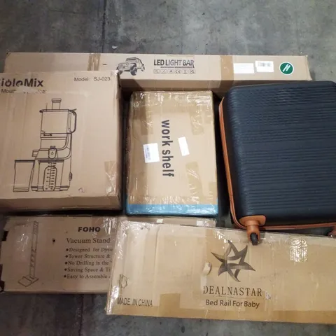 PALLET CONTAINING ASSORTED PRODUCTS INCLUDING LED LIGHT BAR, WORK SHELF, SUITCASE, BED RAIL FOR BABY, VACUUM STAND, JUICER 