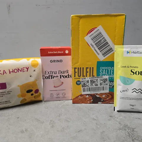 APPROXIMATELY 15 ASSORTED FOOD ITEMS TO INCLUDE - MANUKA HONEY POPS , LEEK & POTATO SOUP , GRIND EXTRA DARK COFFEE POD ETC