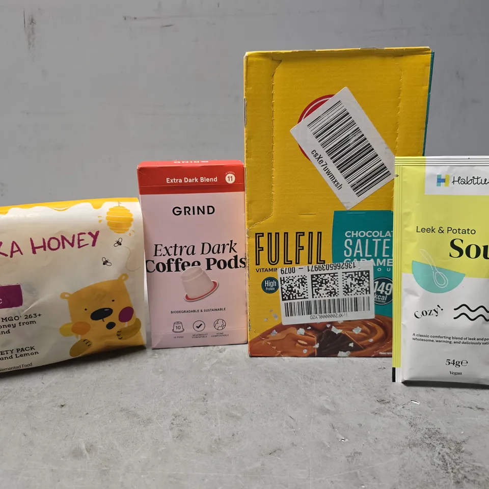 APPROXIMATELY 15 ASSORTED FOOD ITEMS TO INCLUDE - MANUKA HONEY POPS , LEEK & POTATO SOUP , GRIND EXTRA DARK COFFEE POD ETC