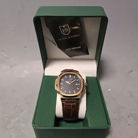 FRANK SCHMIDT WATCH – TEXTURED DIAL WITH DATE – LEATHER STRAP- MODEL: FSL AMBASSADOR – 3ATM WATER RESISTANT – GIFT BOX