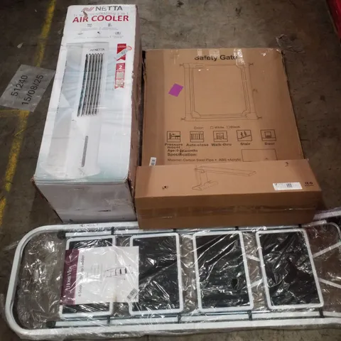 PALLET CONTAINING ASSORTED PRODUCTS INCLUDING AIR COOLER, SAFETY GATE, 4 STEP ANTI-SHIP LADDER, RACING CHAIR & LADDER EXTENDER 