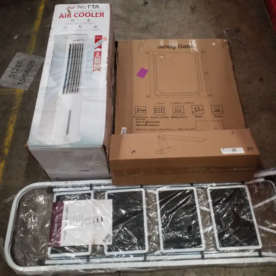 PALLET CONTAINING ASSORTED PRODUCTS INCLUDING AIR COOLER, SAFETY GATE, 4 STEP ANTI-SHIP LADDER, RACING CHAIR & LADDER EXTENDER 