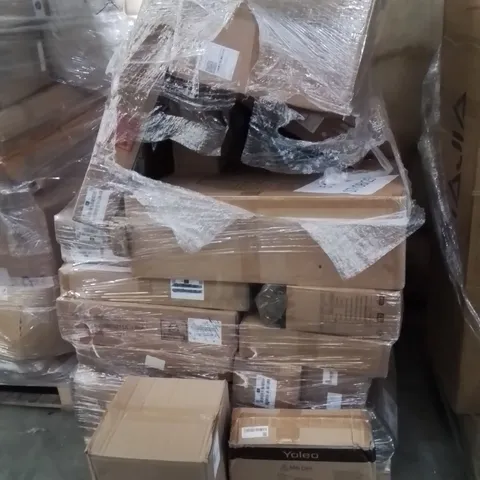 PALLET CONTAINING LARGE QUANTITY OF ASSORTED BOXED HOUSEHOLD PRODUCTS INCLUDING: KIDS SCOOTER, CHILD'S BOOSTER SEAT, BATHROOM MIRROR CABINET, LARGE CHILDREN'S PLAYPEN AND LOTS MORE UNMARKED BOXED ITEM