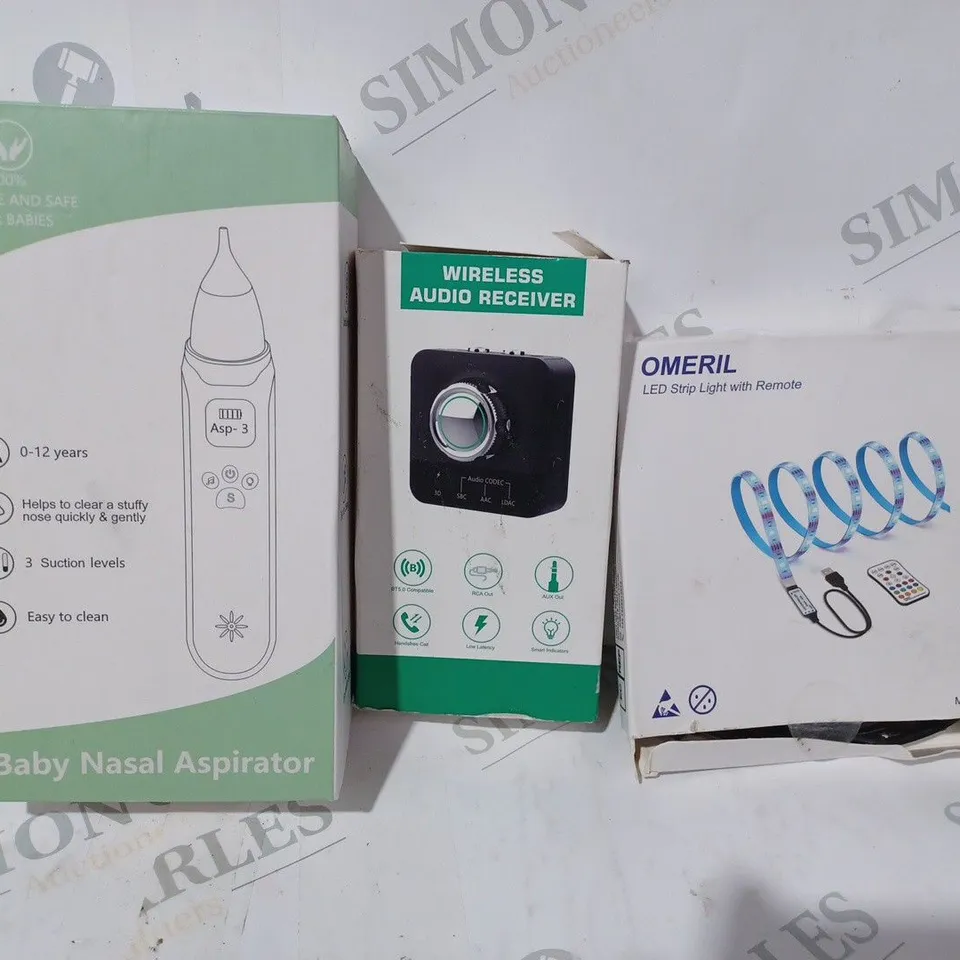 BOX OF APPROXIMATELY 5 ASSORTED HOUSEHOLD ITEMS TO INCLUDE OMERIL LED STRIP LIGHT, WIRELESS AUDIO RECEIVER, BABY NASAL ASPIRATOR, ETC