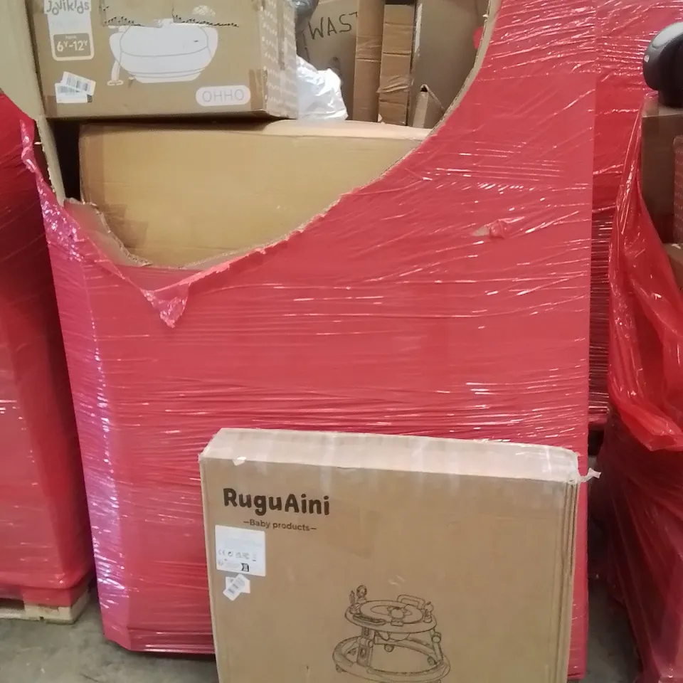 PALLET CONTAINING VARIOUS ASSORTED BOXED HOUSEHOLD ITEMS TO INCLUDE: AIR BED, BABY WALKER, CHILD'S CAR SEAT  AND LOTS MORE UNMARKED BOXED ITEMS 