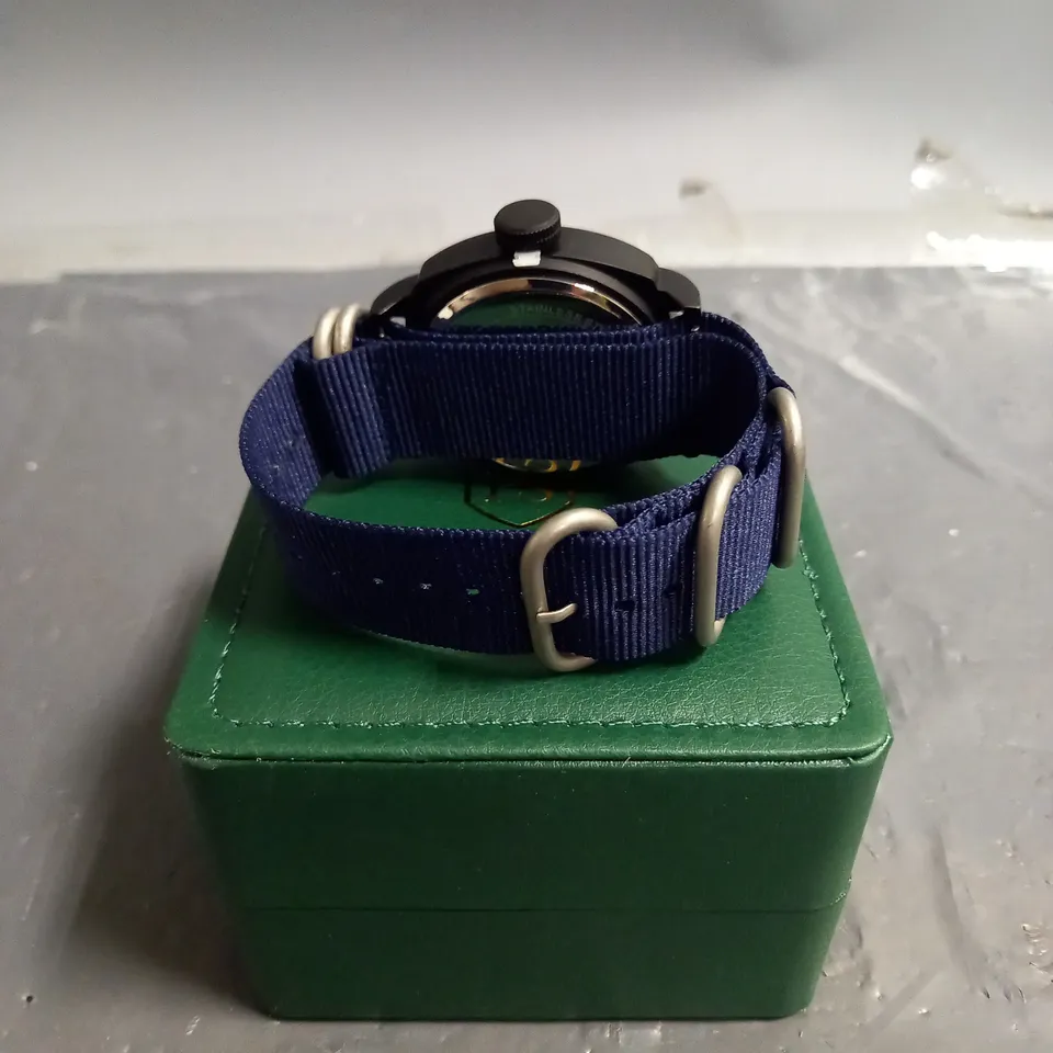 BOXED FRANK SCHMIDT FABRIC STRAP WATCH IN BLUE/BLACK