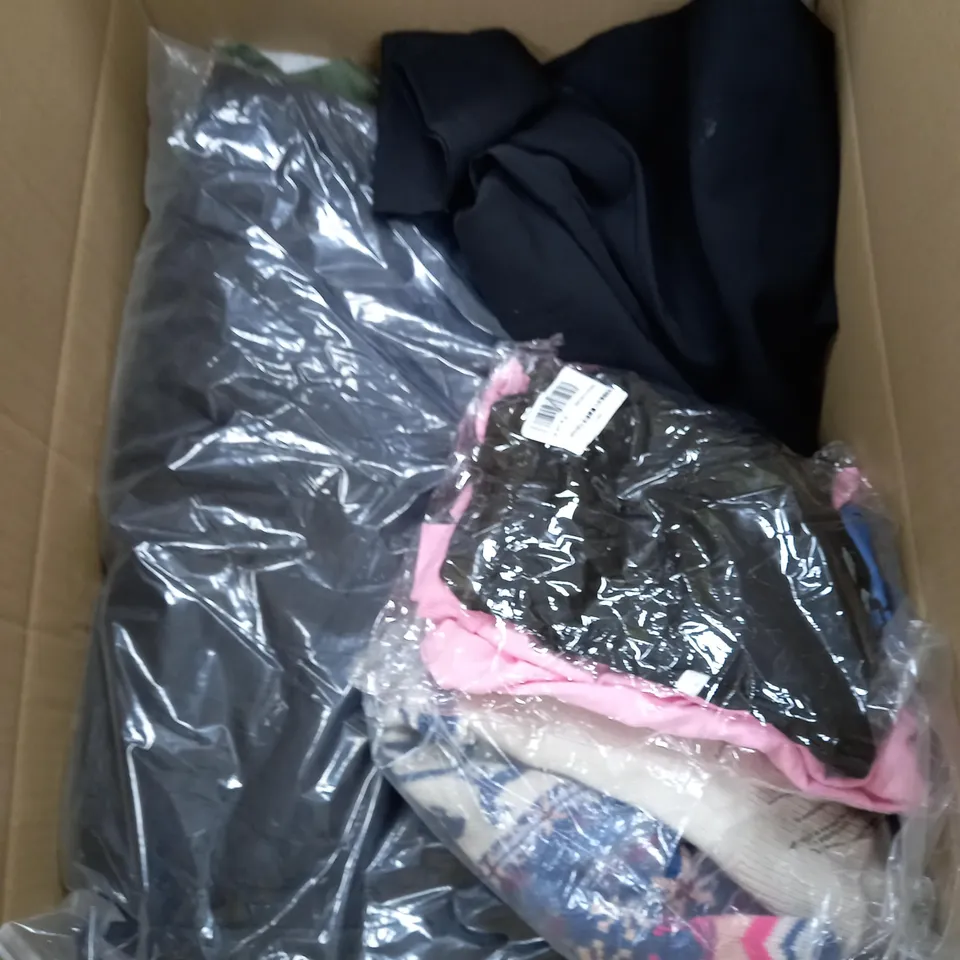 BOX OF APPROX. 50 ASSORTED CLOTHING VARYING IN SIZE/COLOUR/STYLE TO INCLUDE:  TOPS, TROUSERS, JUMPERS