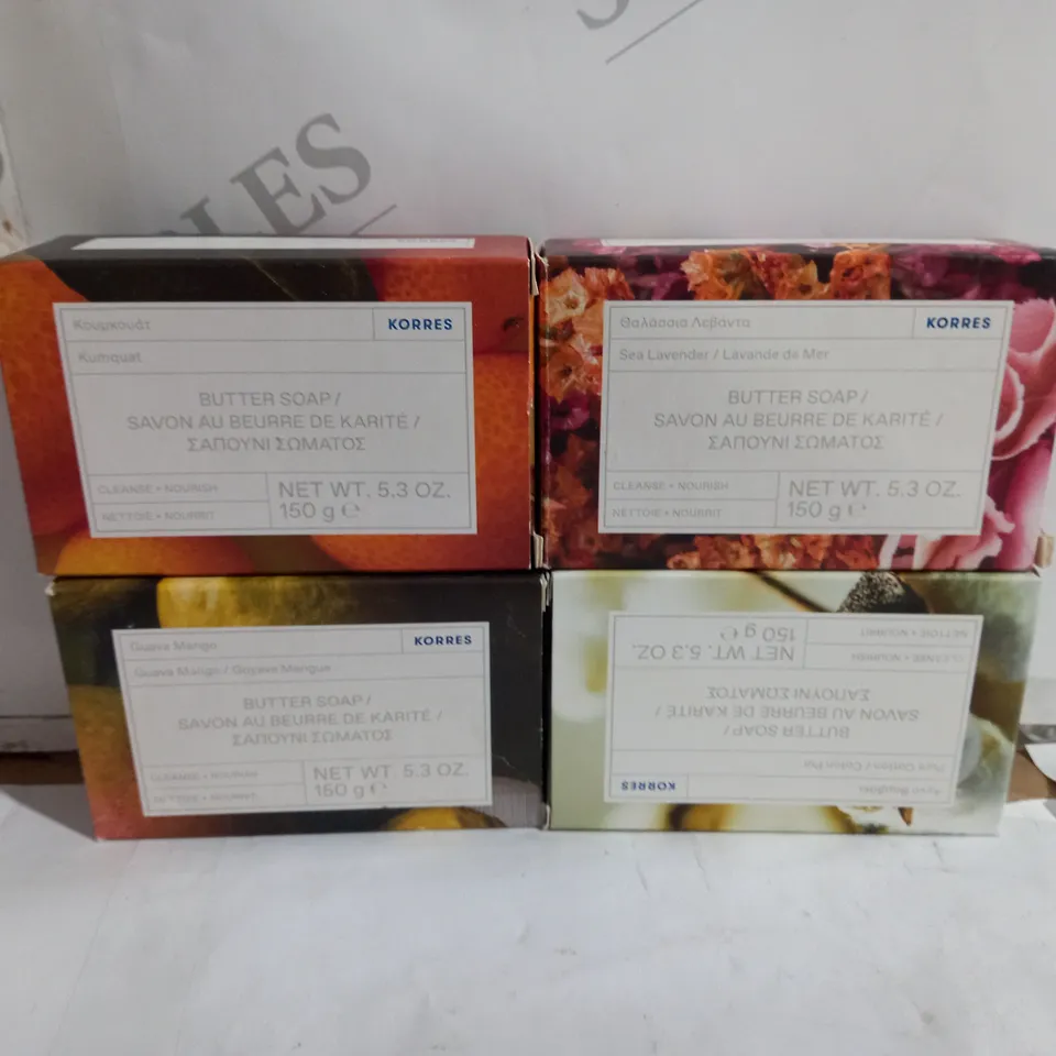 BOX OF APPOX 20 ASSORTED KORRES SOAPS TO INCLUDE - GUAVA MANGO - SEA LAVENDER - KUMQUAT ECT