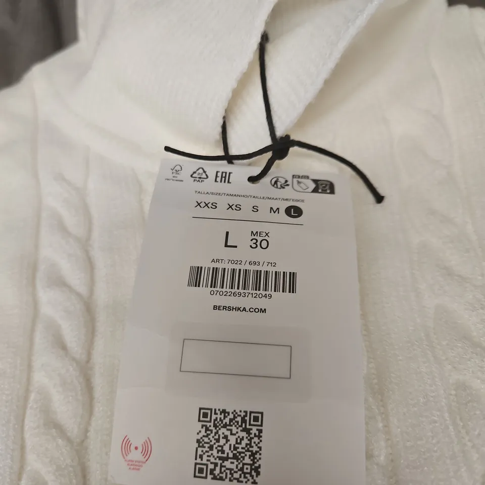 BERSHKA WHITE CABLE-KNIT ZIP CARDIGAN, WOMEN'S, SIZE UK L