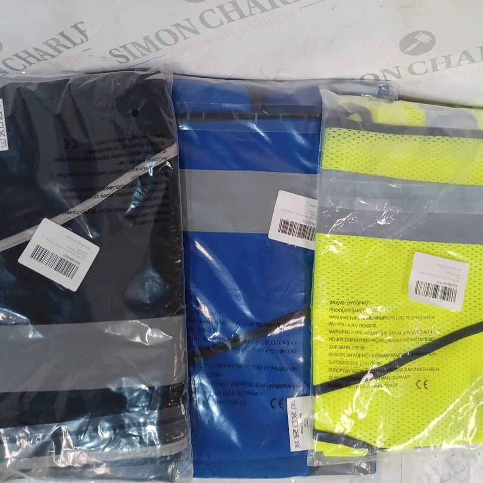 APPROXIMATELY 5 ASSORTED HI-VIS SAFETY VESTS IN VARIOUS COLOURS AND SIZES