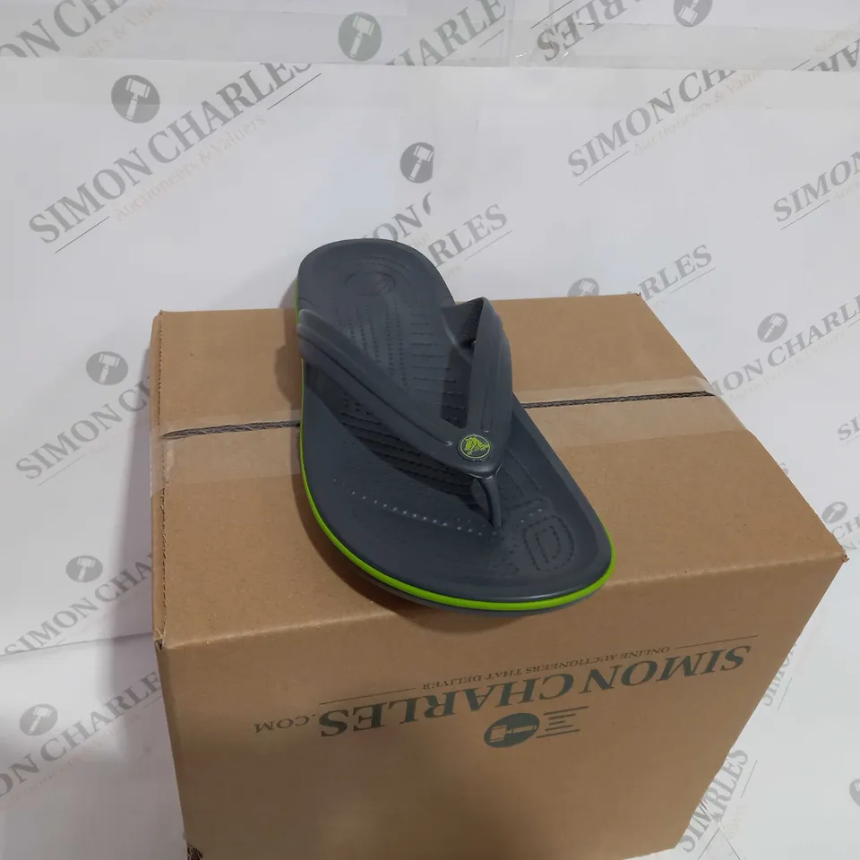 BOXED CROCS SLIDERS/FLIP-FLOPS IN GREY/GREEN - UK SIZE 10