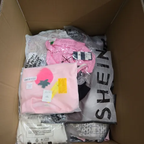 LARGE BOX OF ASSORTED CLOTHING ITEMS IN VARIOUS SIZES, STYLES AND COLOUR 