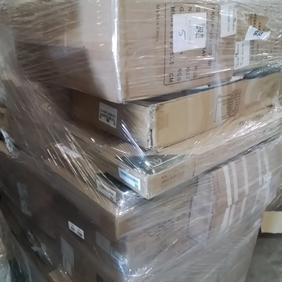 PALLET CONTAINING VARIOUS ASSORTED BOXED ITEMS TO INCLUDE: RC TOY CAR, COMPUTER DESK, CORDLESS VACUUM, SOFA BED PARTS AND LOTS MORE UNMARKED BOXED ITEMS 
