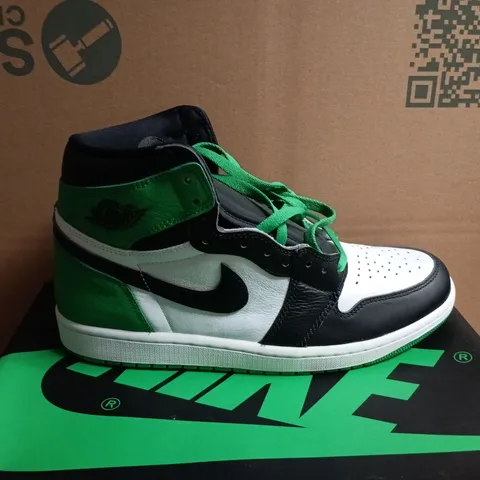 NIKE AIR JORDAN 1 RETRO HIGH OG SNEAKERS – BLACK/UNIVERSITY GREEN/WHITE, UK 9.5 (US 10.5, EU 44.5) – BOXED