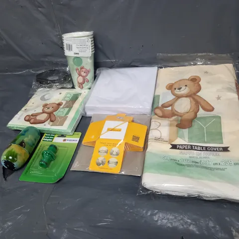 BOX OF ASSORTED HOUSEHOLD ITEMS TO INCLUDE PAPER TABLE COVERS, PAPER CUPS AND ADAPTOR