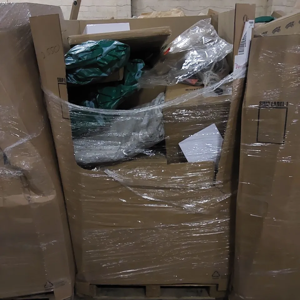 PALLET TO CONTAIN ASSORTED HOUSEHOLD ITEMS AND CONSUMER PRODUCTS. INCLUDING ELECTRICAL CONVECTOR HEATER, SNOW SLEDS, LUXURY PILLOW, PORTABLE WARDROBE, BED RUNNER, BOXED FURNITURE ETC