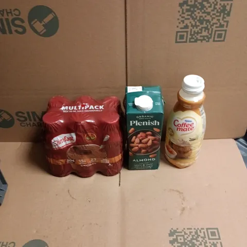 APPROXIMATELY 12 ASSORTED FOOD AND DRINKS ITEMS TO INCLUDE - CREME BRULEE COFFEEMATE, PLENISH ORGANIC ALMOND MILK, CHOCOLATE SLIMFAST SHAKES ETC 