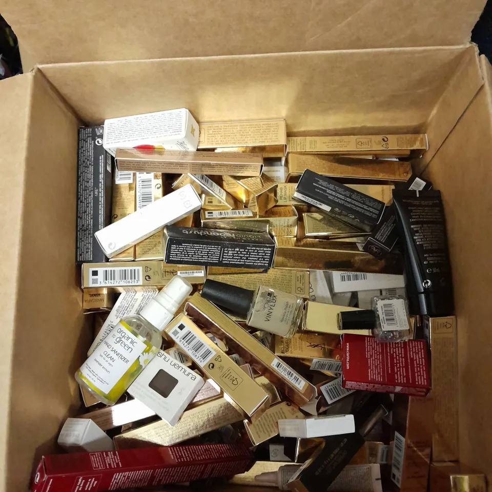 BOX OF ASSORTED MAKEUP AND HEAL AND BEAUTY ITEMS TOO INCLUDE YSL COTURE , LANCOME MOISTURISER , CLARINS PERFECTOR