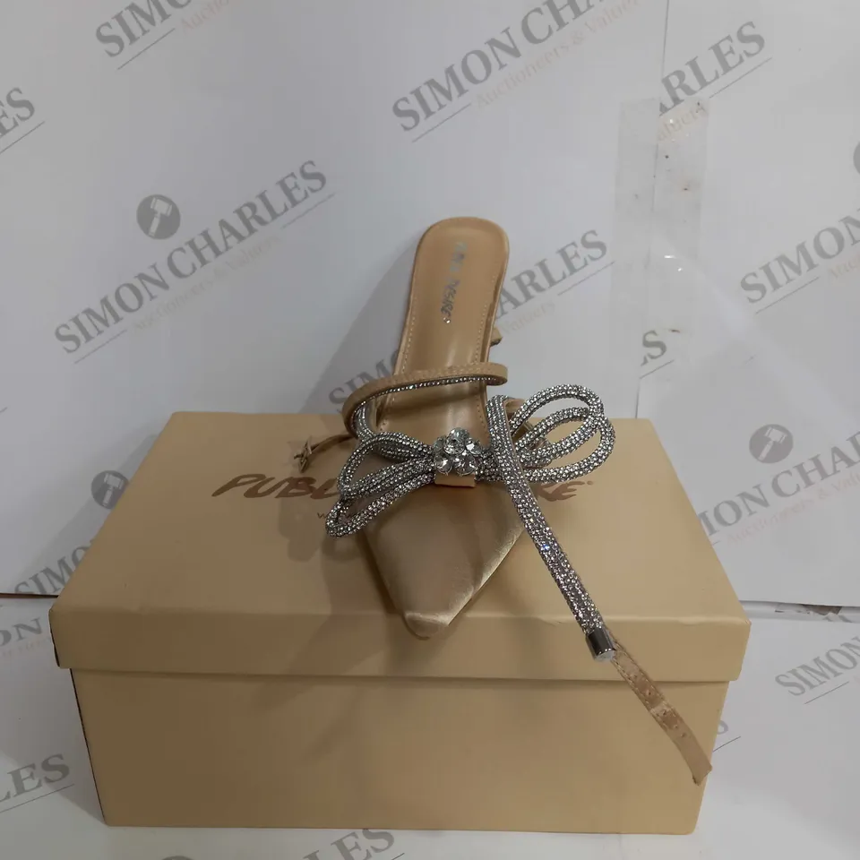 BOXED PUBLIC DESIRE CHAMPAGNE SATIN HEELS - UK 8 