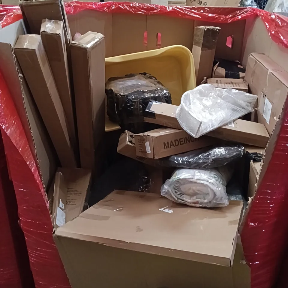 PALLET OF ASSORTED HOUSEHOLD GOODS AND PRODUCTS TO INCLUDE; LAWN MOWER, BOXED FURNITURE ETC