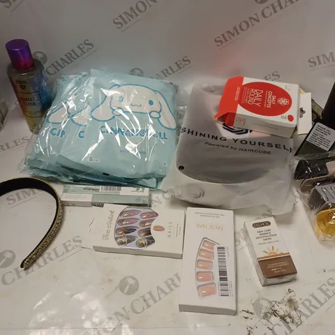 BOX OF ASSORTED COSMETIC ITEMS TOO INCLIDE WIGS , HAIR LOSS TREATMENT AND NAIL CARE