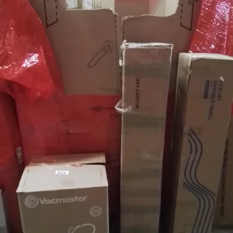 PALLET OF ASSORTED HOUSEHOLD GOODS AND PRODUCTS TO INCLUDE;VACMASTER,CANOPY,LUXURY SHOWER PANEL