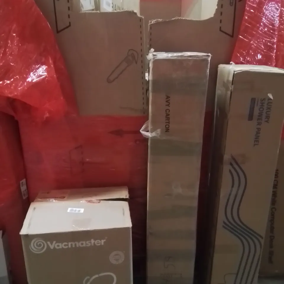 PALLET OF ASSORTED HOUSEHOLD GOODS AND PRODUCTS TO INCLUDE;VACMASTER,CANOPY,LUXURY SHOWER PANEL 