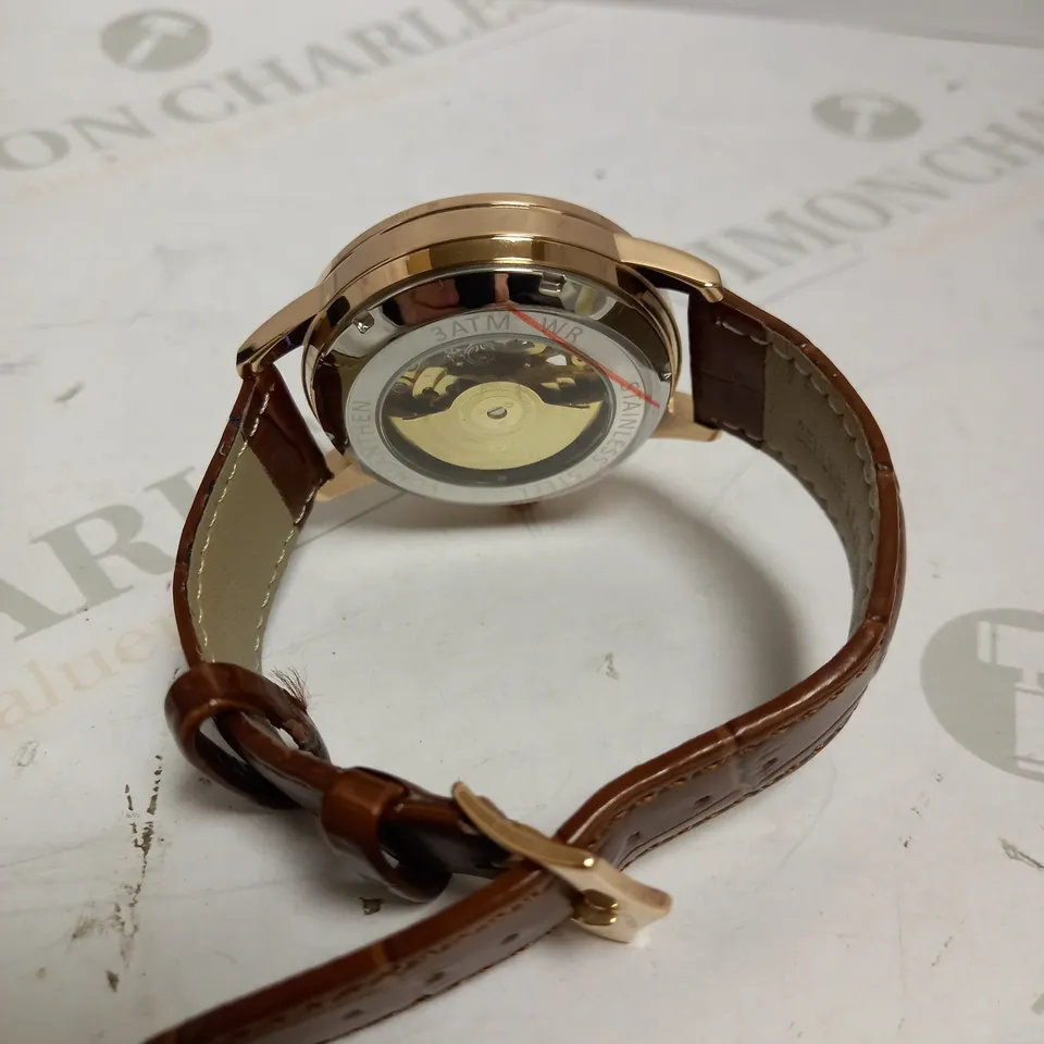 MENS VONLANTHEN AUTOMATIC WATCH – SILVER AND RED TEXTURED DIAL – ROSE GOLD COLOUR CASE - GLASS EXHIBITION BACKCASE – TAN LEATHER STRAP