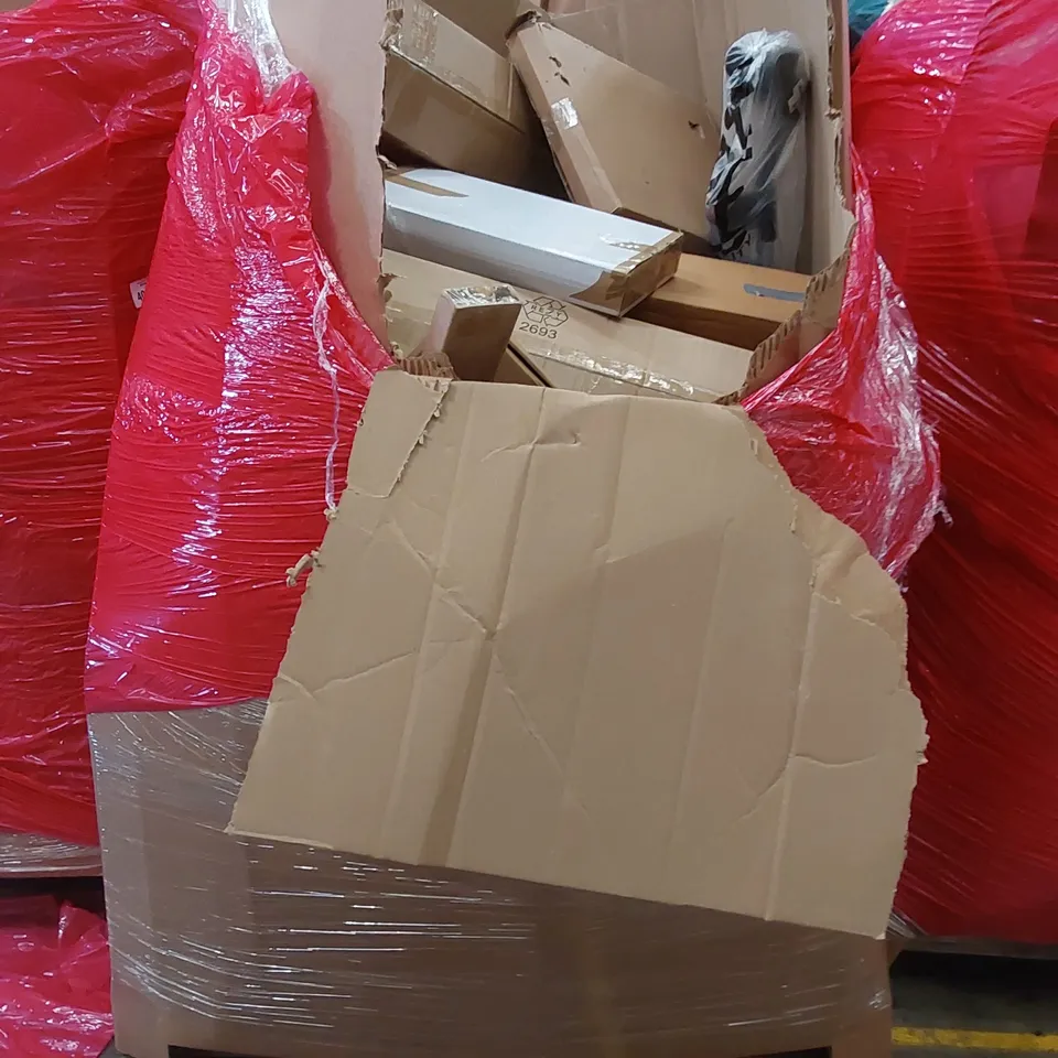 PALLET OF ASSORTED HOUSEHOLD ITEMS AND CONSUMER PRODUCTS TO INCLUDE; COOKER HOOD, DANCE MAT, PLAY MAT, BOXED FURNITURE ETC 