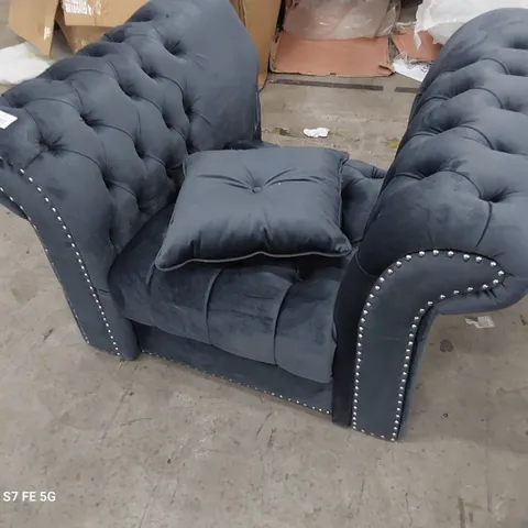 DESIGNER CHESTERFIELD STYLE EASY CHAIR PLUSH DENIM BLUE FABRIC