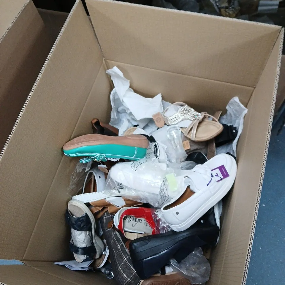 BOX OF ASSORTED WOMEN’S SHOES – SANDALS & FLATS (MIXED STYLES) (VERIFY SIZES) ALL ODD PAIRS OF SHOES  RANDOM LOT